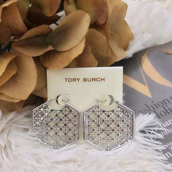 NWOT Tory Burch Silver Multiple Logo Hoop Earrings - Picture 3 of 4